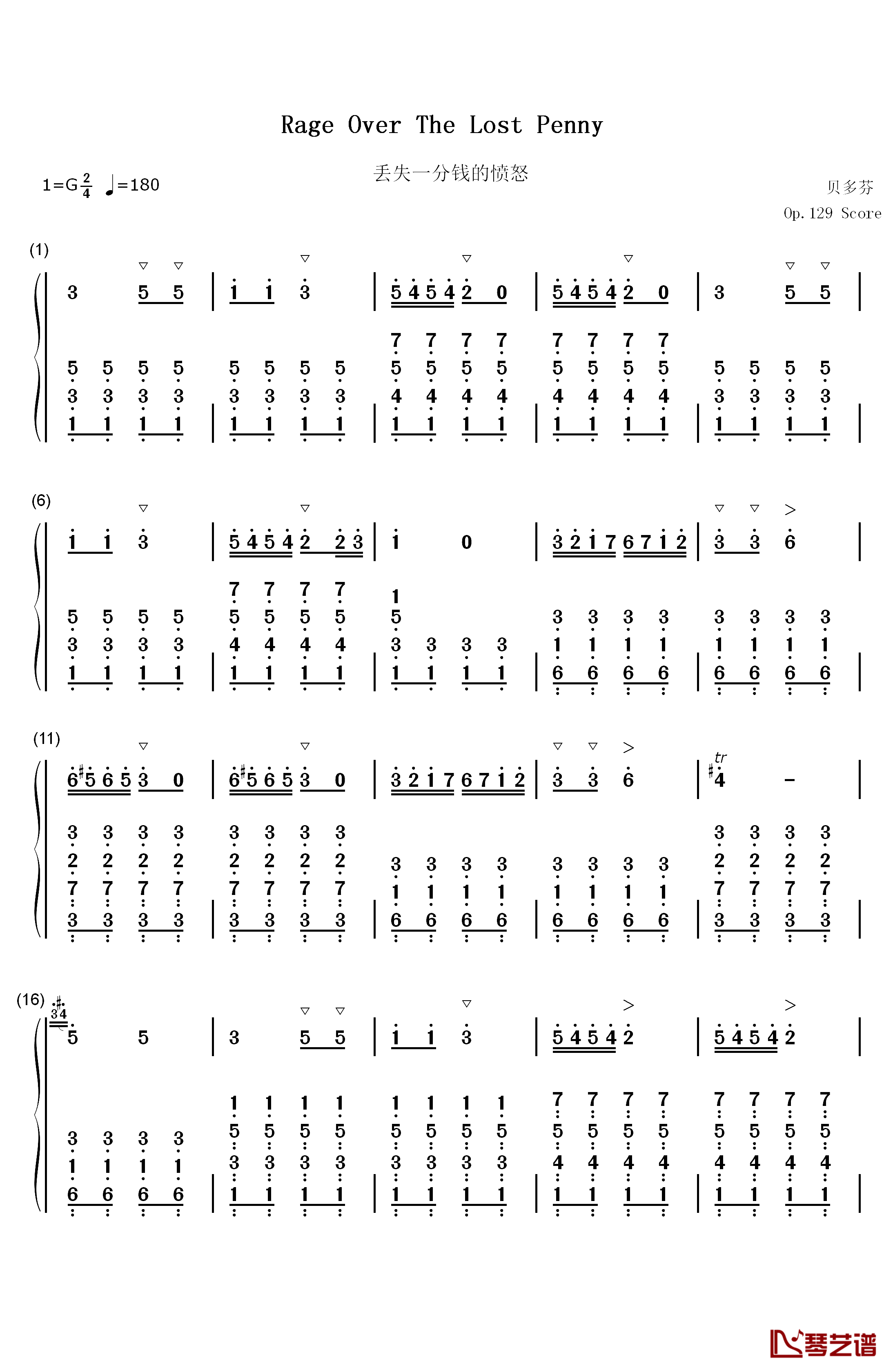 丢失一分钱的愤怒钢琴简谱-数字双手-贝多芬1